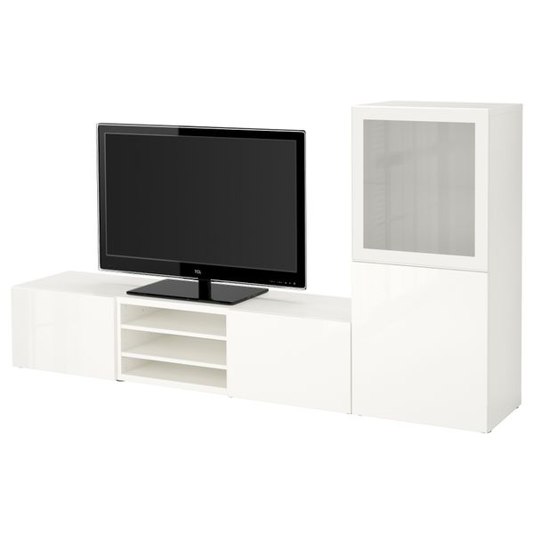 Шкаф для ТВ, комбинированный, стекляные дверцы БЕСТО, белый, Сельсвикен глянцевый/белый матовое стекло (240x40x128 см) - фото 1