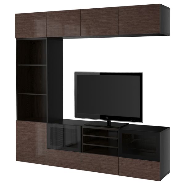 Шкаф для ТВ, комбинированный, стекляные дверцы БЕСТО, черно-коричневый, Сельсвикен глянцевый/коричневый прозрач стекло - фото 1