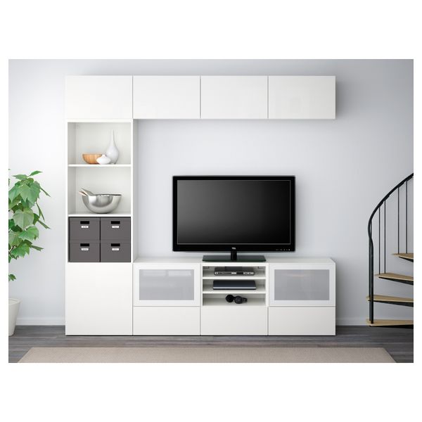 Шкаф для ТВ, комбинированный, стекляные дверцы БЕСТО, белый, Сельсвикен глянцевый/белый матовое стекло (240x40x230 см) - фото 2