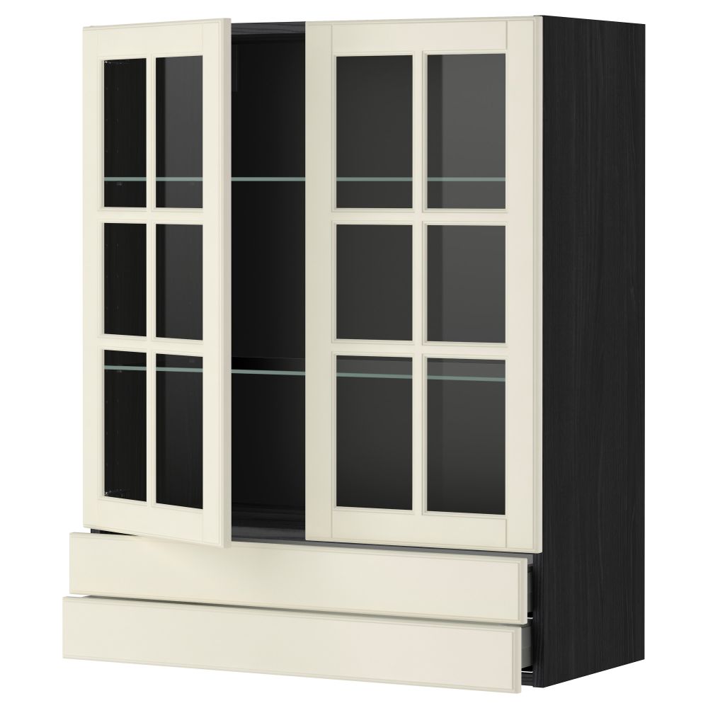 Навесной шкаф, 2 стеклянные дверцы, 2 ящика МЕТОД / МАКСИМЕРА, черный, Будбин белый с оттенком - фото 1