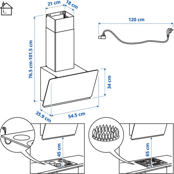STACKBO СТАККБО Вытяжка кухонная стен креп (колпак) - ИКЕА 300 чёрный 55 см - схема-чертеж с размерами