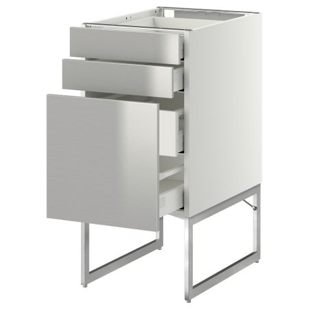 Напольный шкаф 3 фронтальных панели, 2 нижних, 2 средних ящика МЕТОД / МАКСИМЕРА, белый, Гревста нержавеющ сталь