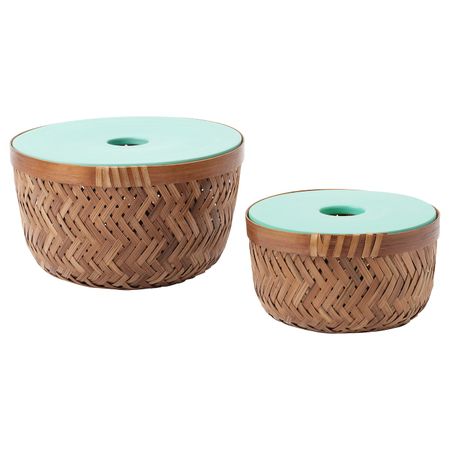Корзина с крышкой, 2 штуки, бамбук/бирюзовый IKEA LUSTIGKURRE ЛУСТИГКЮРРЕ 004.574.24