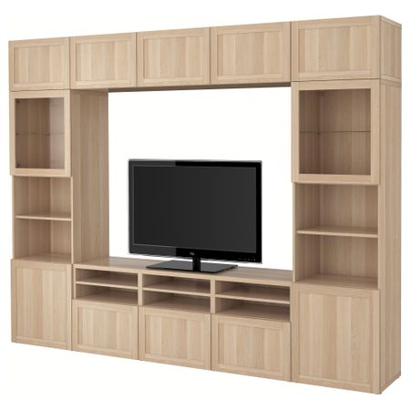 Шкаф для ТВ, комбинированный, стекляные дверцы БЕСТО, Ханвикен, Синдвик под беленый дуб, прозрачное стелко (300x40x230 см)