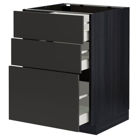 Напольный шкаф с 3 ящиками, черный, Nickebo матовый антрацит, 60x60 см IKEA METOD МЕТОД, MAXIMERA МАКСИМЕРА 694.987.90