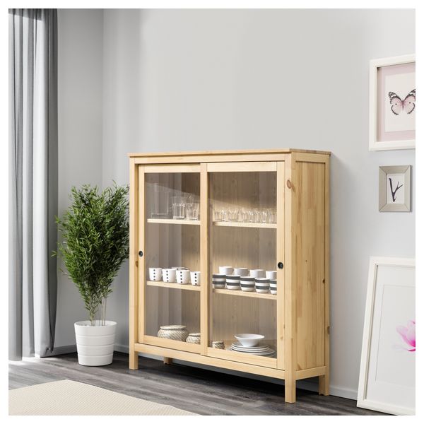 Шкаф-витрина ХЕМНЭС, светло-коричневый (120x130 см) - схема-чертеж с размерами