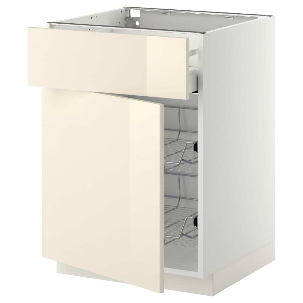Напольный шкаф с проволочной корзиной, ящиком, дверью МЕТОД / МАКСИМЕРА, белый, Рингульт кремовый - схема-чертеж с размерами