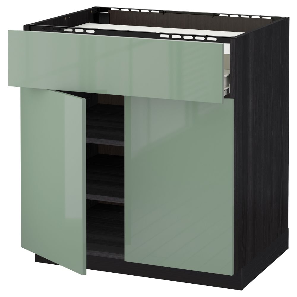 Напольный шкаф для варочной панели, ящик, полка, 2 дверцы МЕТОД / ФОРВАРА, черный, Калларп светло-зеленый (80x60 см) - фото 1