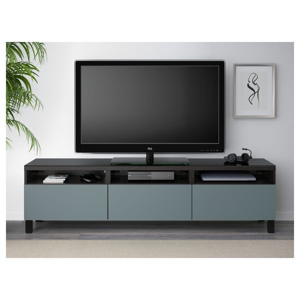Тумба для ТВ с ящиками БЕСТО, черно-коричневый, Вальвикен серо-бирюзовый (180x40x48 см) - фото 2