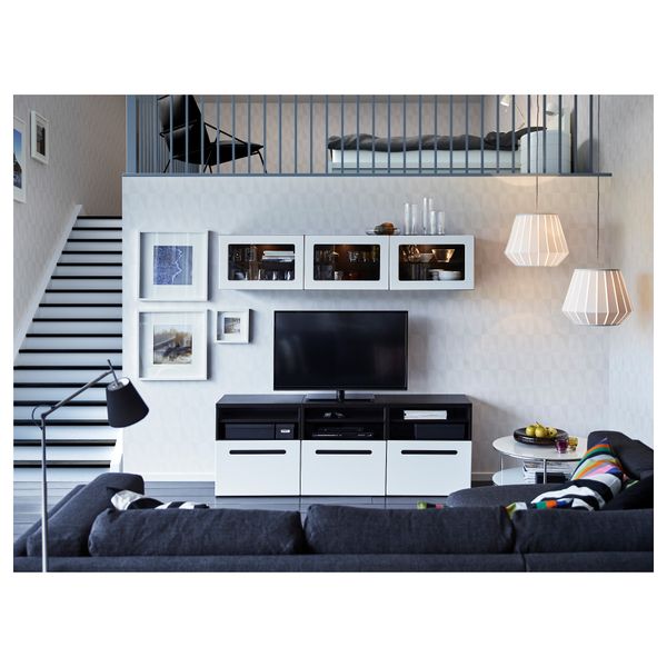 Шкаф для ТВ, комбинированный, стекляные дверцы БЕСТО, черно-коричневый, Марвикен белый прозрачное стекло (180x40x192 см) - схема-чертеж с размерами