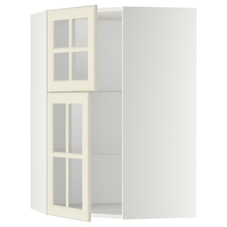 Угловой навесной шкаф + полки, 2 стеклянные дверцы МЕТОД, белый, Будбин белый с оттенком (68x100 см)
