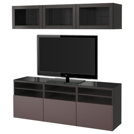 Шкаф для ТВ, комбинированный, стекляные дверцы БЕСТО, черно-коричневый, Вальвикен темно-коричневый, прозрачное стекло