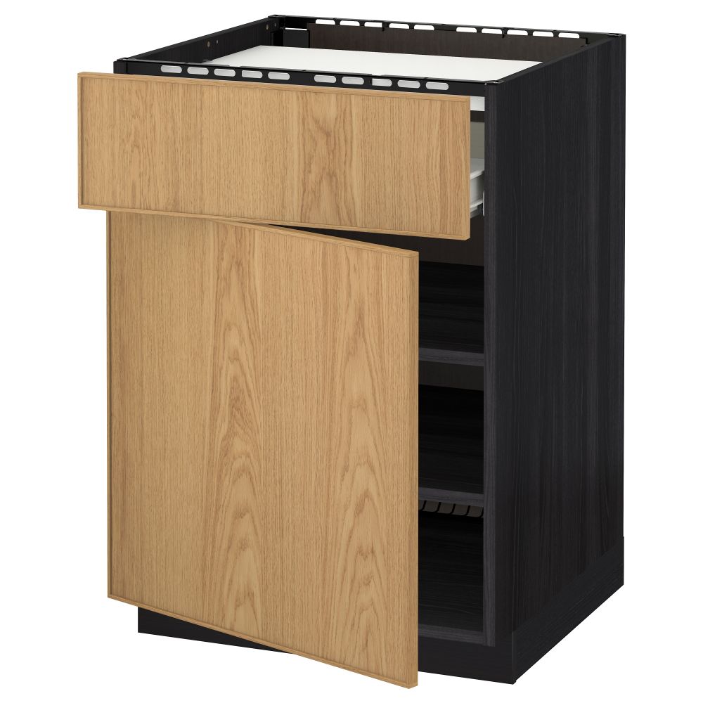 Напольный шкаф для варочной панели, ящик, полка, дверцы МЕТОД / ФОРВАРА, черный, Экестад дуб (60x60 см) - схема-чертеж с размерами