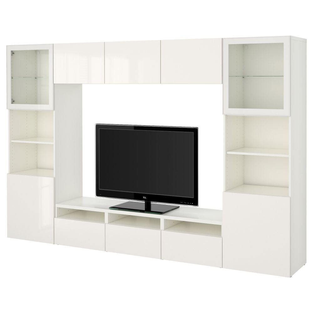 Шкаф для ТВ, комбинированный, стекляные дверцы БЕСТО, белый, Сельсвикен глянцевый/белый прозрачное стекло (300x40x192 см) - фото 1