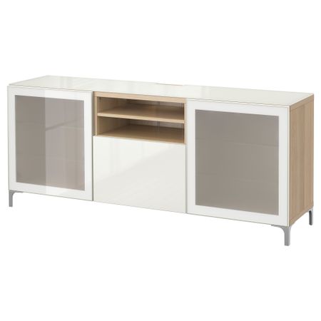 Тумба под ТВ БЕСТО, под беленый дуб, Сельсвикен глянцевый/белый матовое стекло (180x40x74 см)