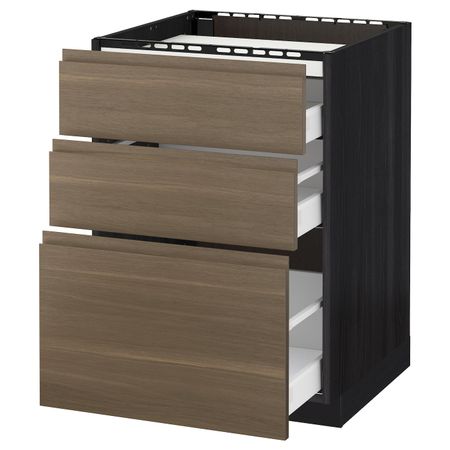 Напольный шкаф, 3 фронтальных панели/3ящика, черный/Воксторп грецкий орех 60x60 см IKEA МЕТОД / МАКСИМЕРА 992.383.81