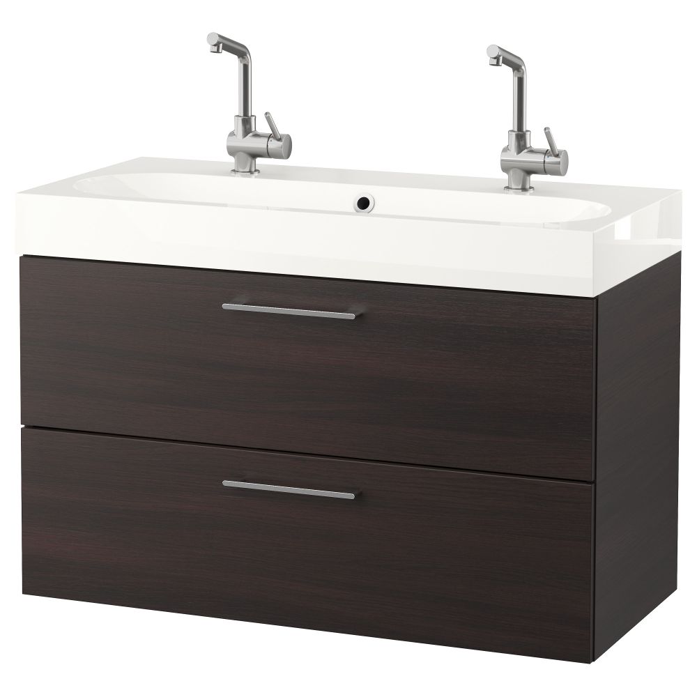 Шкаф для раковины с 2 ящиками ГОДМОРГОН / БРОВИКЕН, черно-коричневый (100x49x68 см) - фото 1