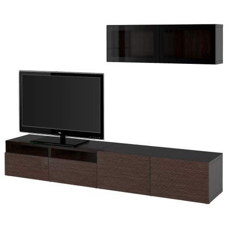 Шкаф для ТВ, комбинированный, стекляные дверцы БЕСТО, черно-коричневый, Сельсвикен глянцевый/коричневый прозрач стекло