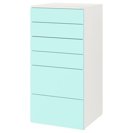Комод с 6 ящиками, 60x57x123 см, белый, бледно-бирюзовый IKEA PLATSA ПЛАТСАA ПЛАТСА, SMÅSTAD СМОСТАД 093.876.67