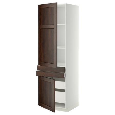 Высокий шкаф + полки, 4 ящик, 2 двери, 2 фронтальные МЕТОД / МАКСИМЕРА, белый, Эдсерум коричневый (60x60x200 см)
