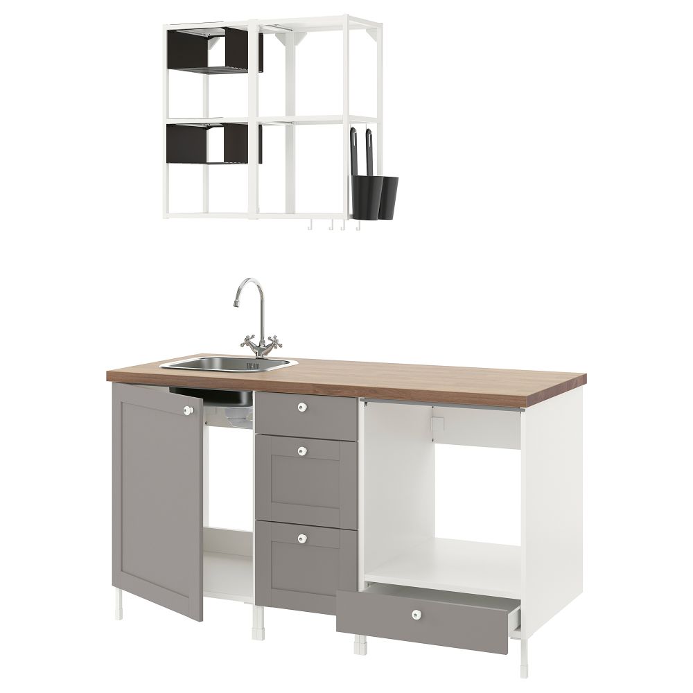 Кухня, 163x63.5x222 см, белый, серый каркас IKEA BEGIVENHET БЕГИВЕНХЕТ 793.373.82 - фото 1