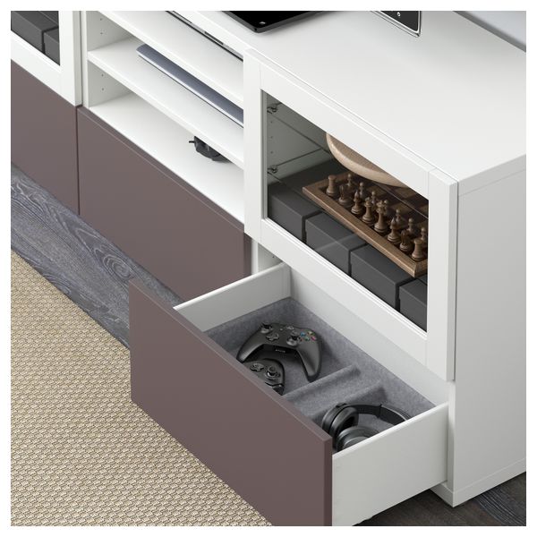 Шкаф для ТВ, комбинированный, стекляные дверцы БЕСТО, белый, Вальвикен темно-коричневый, прозрачное стекло (240x40x230 см) - фото 3