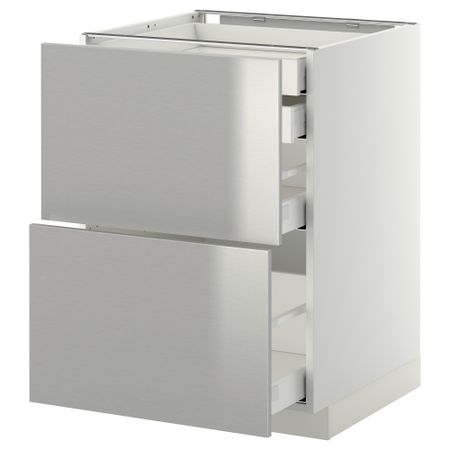 Напольный шкаф 2 фронтальные панели, 2 нижних, 1 средний, 1 высокий ящик МЕТОД / МАКСИМЕРА, белый, Гревста нержавеющ сталь