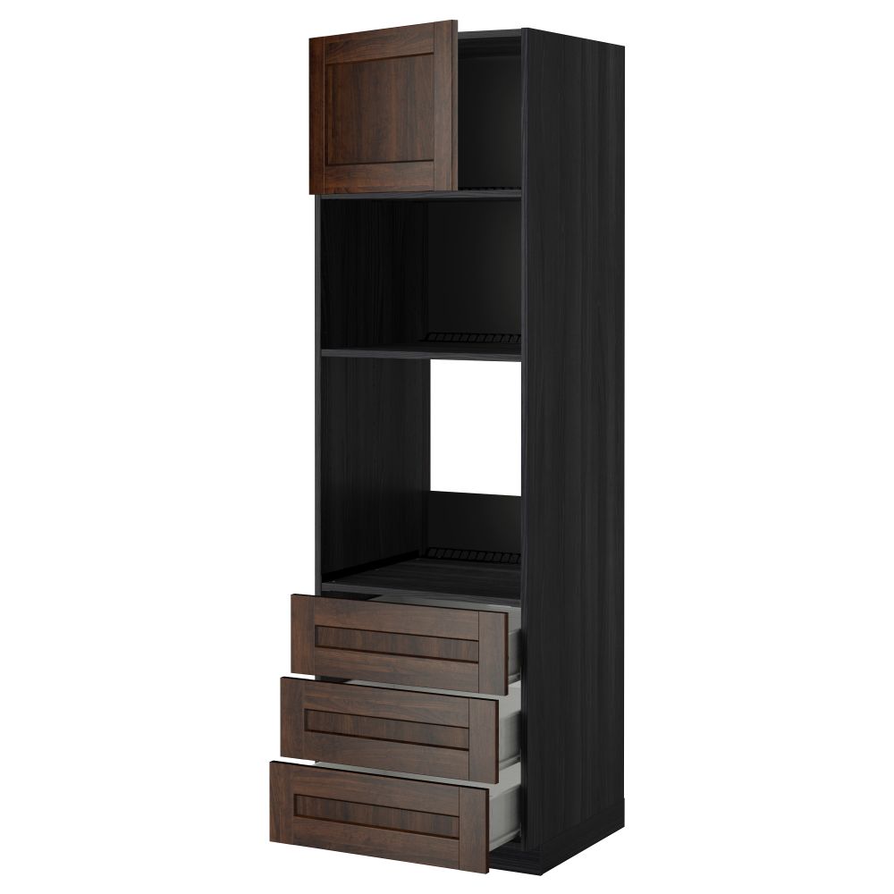 Высокий шкаф для духовки/СВЧ дверца, 3 ящика МЕТОД / ФОРВАРА, черный, Эдсерум коричневый - фото 1