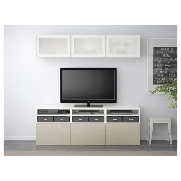 Шкаф для ТВ, комбинированный, стекляные дверцы БЕСТО, белый, Сельсвикен глянцевый/бежевый матовое стекло (180x40x192 см) - фото 2