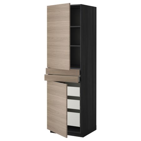Высокий шкаф + полки, 5 ящиков, 2 дверцы, 2 фронтальных МЕТОД / МАКСИМЕРА, черный, Брокхульт светло-серый