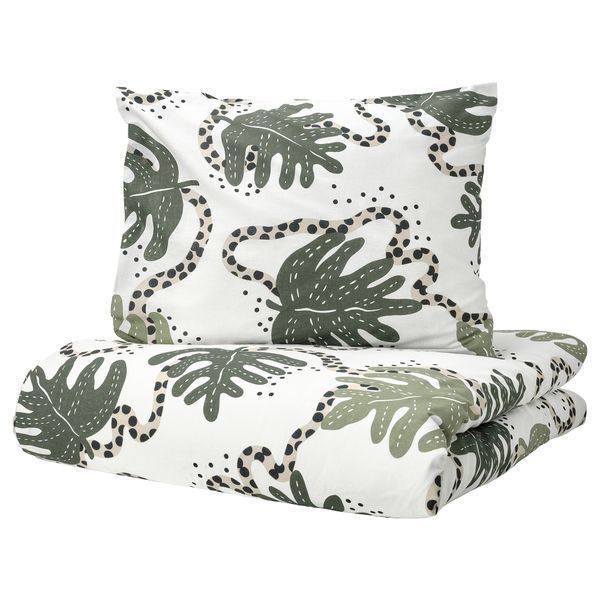 Пододеяльник и 2 наволочки, 240x220/50x60 см, белый/зеленый IKEA KLÄTTERKALLA 905.409.90 - фото 1