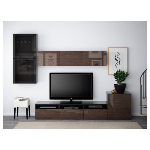 Шкаф для ТВ, комбинированный, стекляные дверцы, черно-коричневый, Сельсвикен глянцевый/коричневый дымчат стекло, 300x20/40x211 - фото 3