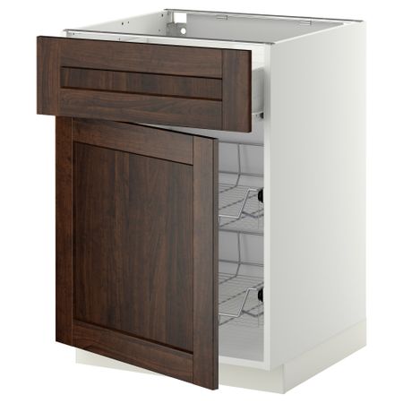 Напольный шкаф с проволочной корзиной, ящиком, дверью МЕТОД / ФОРВАРА, белый, Эдсерум коричневый