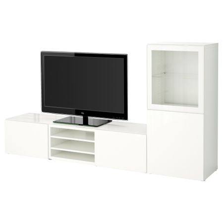 Шкаф для ТВ, комбинированный, стекляные дверцы БЕСТО, белый, Сельсвикен глянцевый/белый прозрачное стекло (240x40x128 см)