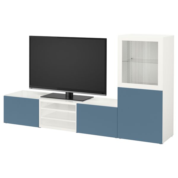 Шкаф для ТВ, комбинированный, стекляные дверцы БЕСТО, белый Вальвикен, темно-синий прозрачное стекло (240x40x128 см) - фото 1