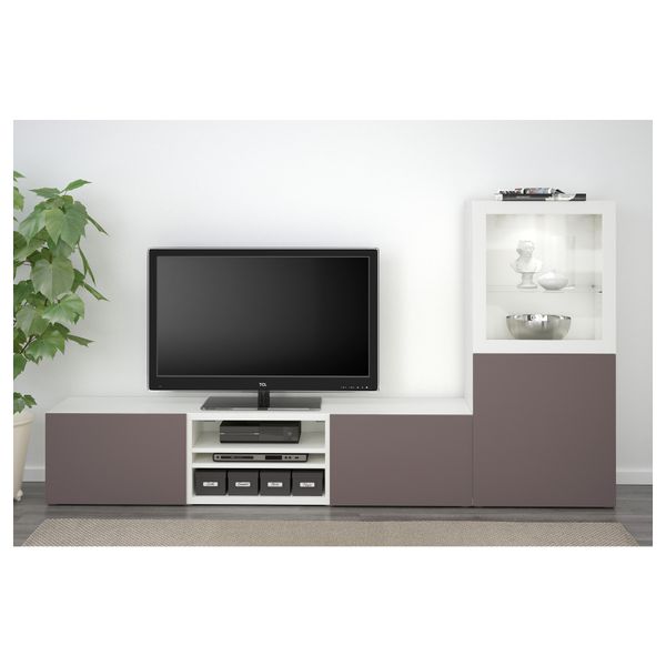 Шкаф для ТВ, комбинированный, стекляные дверцы БЕСТО, белый, Вальвикен темно-коричневый, прозрачное стекло (240x40x128 см) - схема-чертеж с размерами