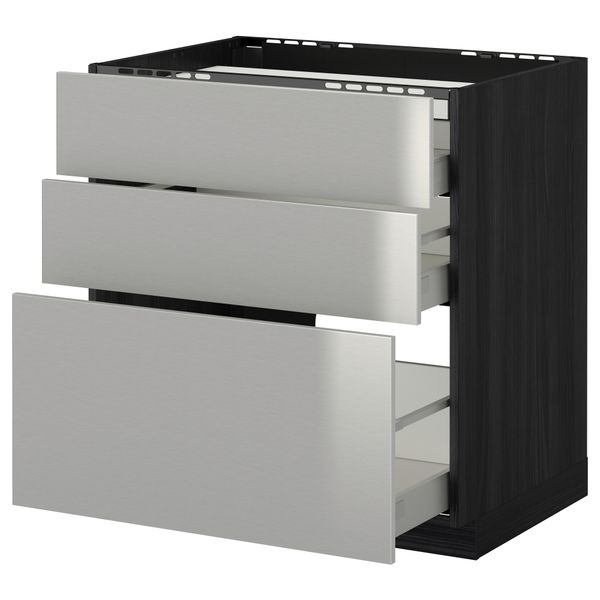 Напольный шкаф, 3 фронтальных панели, 3 ящика МЕТОД / МАКСИМЕРА, черный, Гревста нержавеющ сталь - схема-чертеж с размерами