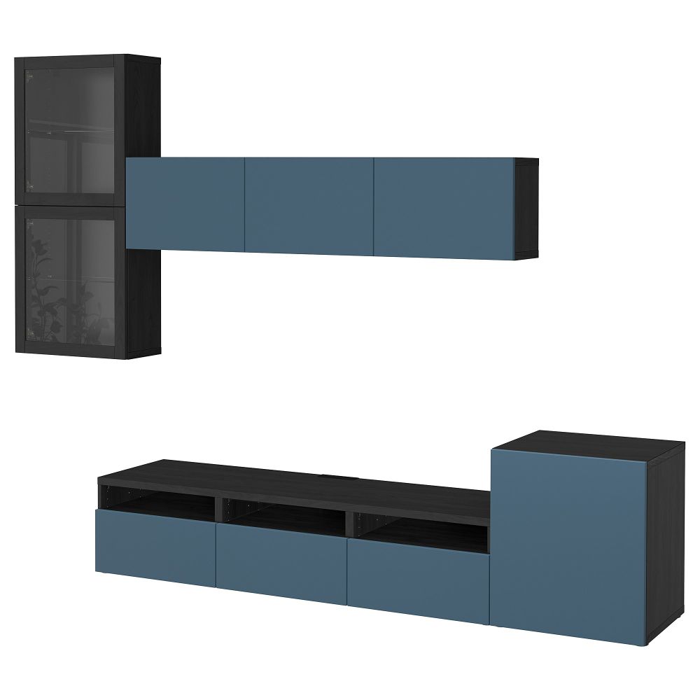 Шкаф для ТВ, комбинированный, стекляные дверцы БЕСТО, черно-коричневый Вальвикен, темно-синий прозрачное стекло - фото 1