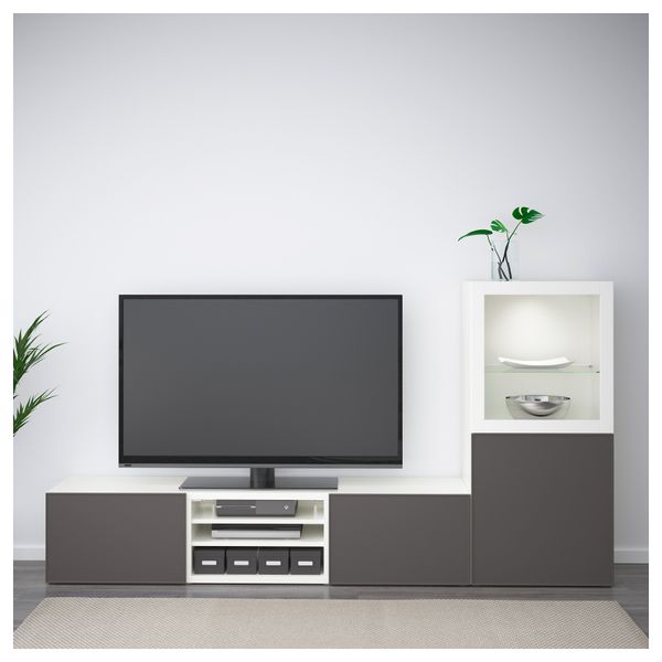 Шкаф для ТВ, комбинированный, стекляные дверцы БЕСТО, белый Грундсвикен, темно-серый прозрачное стекло (240x40x128 см) - фото 2