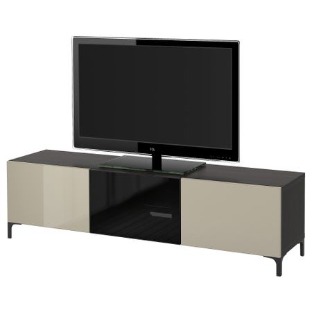 Тумба под ТВ с ящиками и дверцей БЕСТО, черно-коричневый, Сельсвикен глянцевый/бежевый/дымчатое стекло (180x40x48 см)