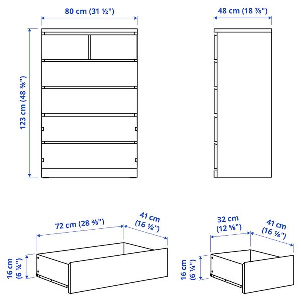 Комод с 6 ящиками, дубовый шпон, беленый 80x123 см IKEA MALM МАЛЬМ 204.036.04 - схема-чертеж с размерами