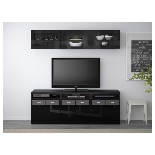 Шкаф для ТВ, комбинированный, стекляные дверцы БЕСТО, черно-коричневый, Сельсвикен глянцевый/черный прозрачное стекло - фото 2