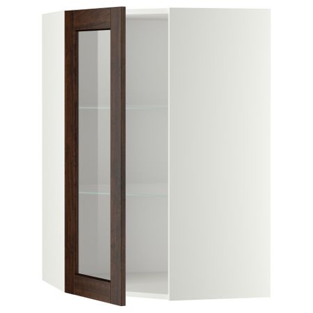 Угловой навесной шкаф с полками, стекляными дверцами МЕТОД, белый, Эдсерум коричневый