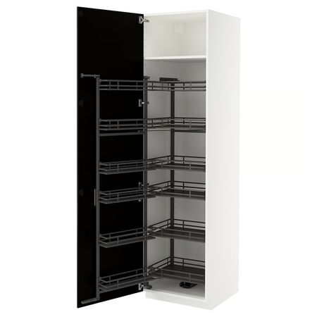 METOD Высокий шкаф с выдвижным модулем - белый/Bodbyn чёрный 60x60x220 см