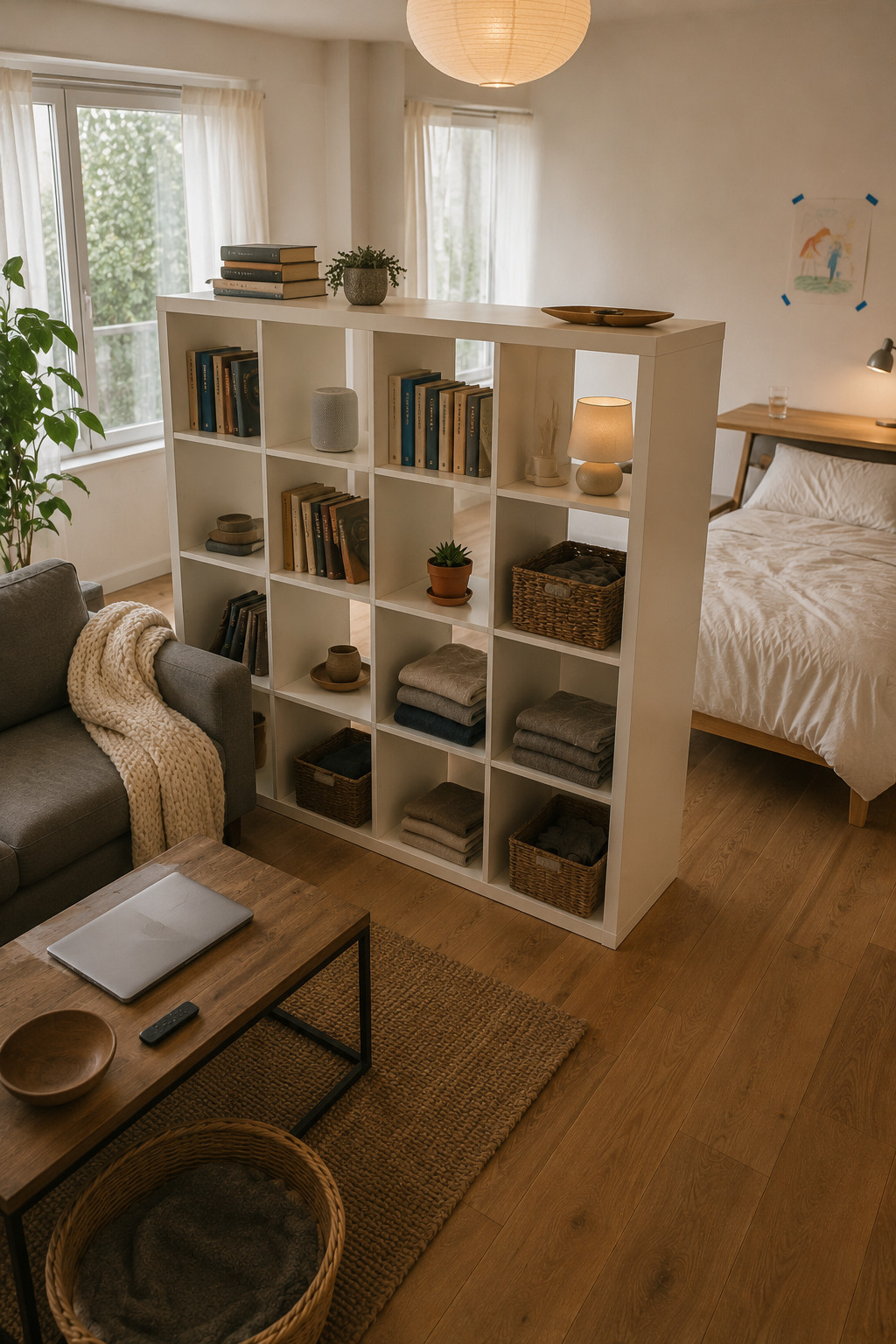 Стеллаж KALLAX 147×147 как перегородка в студии: диван и кровать по сторонам