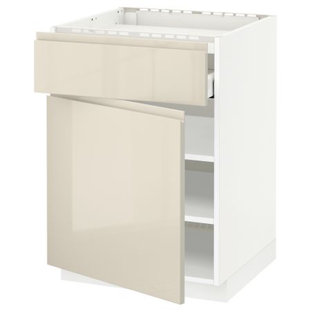Напольный шкаф для варочной панели, ящик, полка, дверцы МЕТОД / МАКСИМЕРА, белый, Воксторп глянцевый светло-бежевый (60x60 см)