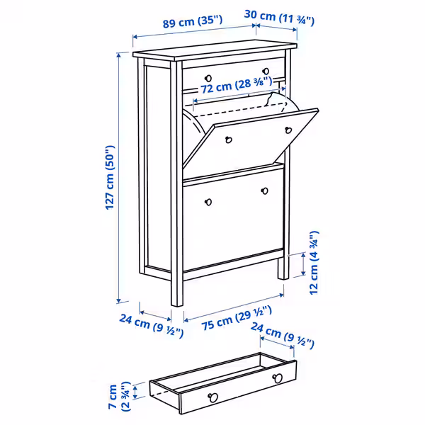HEMNES Галошница с 2 отделениями - черно-коричневый 89x30x127 см - схема-чертеж с размерами