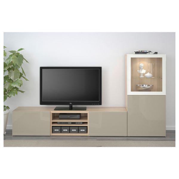 Шкаф для ТВ, комбинированный, стекляные дверцы БЕСТО, под беленый дуб, Сельсвикен глянцевый/бежевый прозрачное стекло - фото 2