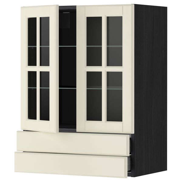 Навесной шкаф, 2 стеклянные дверцы, 2 ящика МЕТОД / МАКСИМЕРА, черный, Будбин белый с оттенком - схема-чертеж с размерами