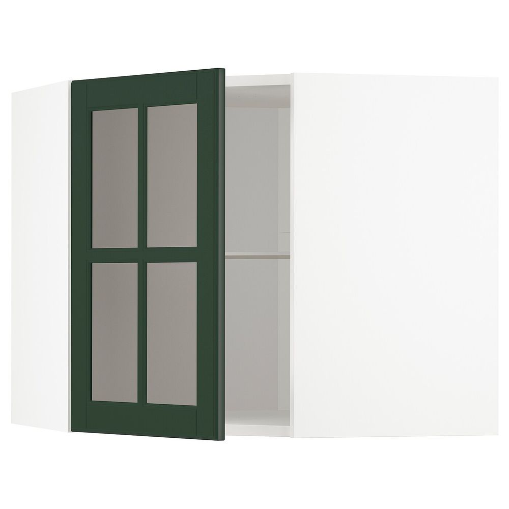 Угловой навесной шкаф с полками, стекляными дв, белый/Будбин темно-зеленый 68x60 см IKEA METOD МЕТОД 893.123.24 - фото 1